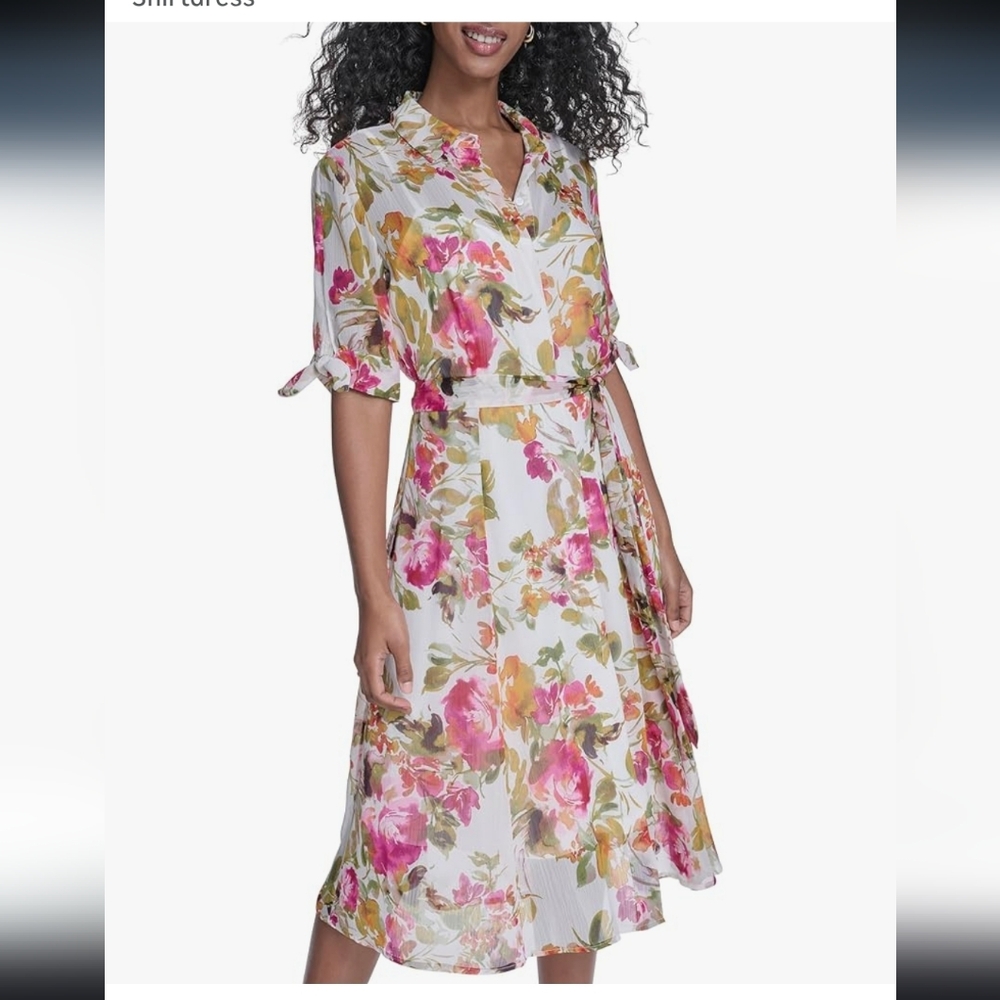 Calvin Klein Off White Floral Chiffon Puff Sleeve Midi Length Shirtdress Size 14